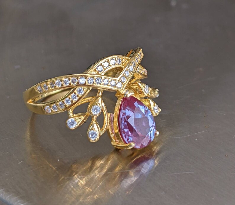 Russian Pulled Alexandrite Ring 14K Gold Statement Piece Teardrop Gem with Diamond Accents Luxurious Color-Changing Jewelry Her Christmas image 2