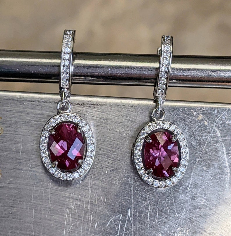 Real Color Changing Alexandrite Lever Back Earrings Russian Pulled True Color Change Alexandrite Oval Checkerboard Cut Earrings with halo image 3
