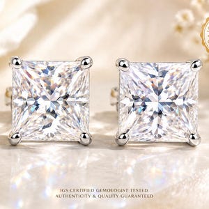 6mm Princess Cut Moissanite Stud Earrings, Sterling Silver or 14k Solitaire Earrings, Diamond Alternative Gift for Men & Women, Bridal Gifts
