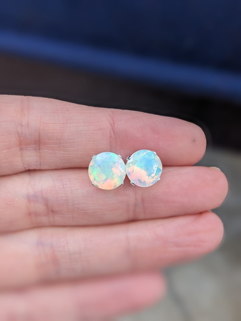 Natural Ethiopian White Fire Opal Stud Earrings 8mm Genuine Gemstone, Handcrafted Minimalist Jewelry Gift for Her Birthday, Christmas Gift zdjęcie 4
