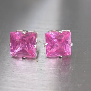 Pendientes de zafiro rosa real. Pendientes de zafiro rosa de 8 mm de plata u oro macizo Regalo de cumpleaños para mujer Joyería de piedras preciosas genuinas de 6 ct imagen 3