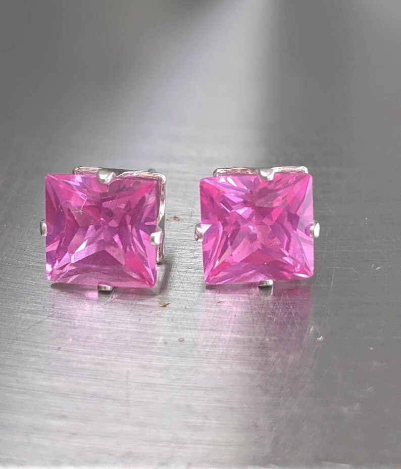 Real Pink Sapphire Stud Earrings. Pink Sapphire Earrings 8mm Silver or solid gold Women's Birthday Gift 6ct Genuine Gemstone Jewelry 画像 3