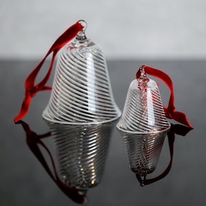Hand Blown Glass Bell Ornament | Clear Borosilicate Glass with Red Velvet Ribbon