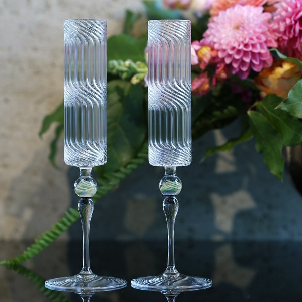 Venetian Style Spiraled Champagne Flute | Hand Blown Glasses | Toasting Glasses, Newlywed or Anniversary Gift
