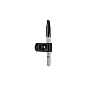May include: A black leather pen holder with a silver snap closure. A silver pen with a black cap is inserted into the holder.