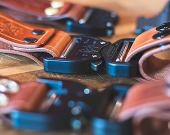 May include: Close-up of brown leather straps with black metal buckles. The buckles have a silver metal slider and are designed for attaching to a camera or other gear.