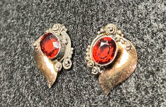 Vintage Sterling Silver Earrings Pierced Red Ruby - image 5