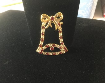 Vintage Christmas Bell, Gold Plated, Simulated Ruby and Diamond Crystal Stones