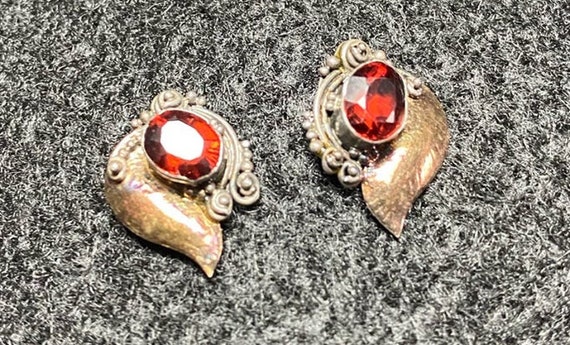 Vintage Sterling Silver Earrings Pierced Red Ruby - image 2