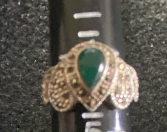 Vintage Sterling Ring Marcasite Green Stone Crystals Size 4.5