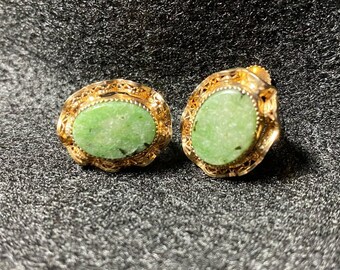 Vintage Green Quartz Stone Earrings Screw On Sterling Gold Overlay