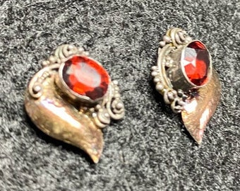 Vintage Sterling Silver Earrings Pierced Red Ruby