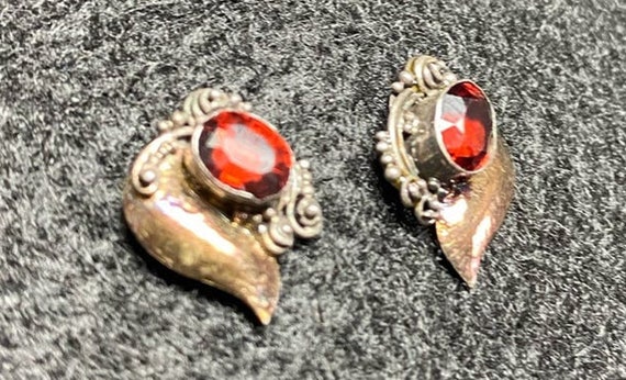 Vintage Sterling Silver Earrings Pierced Red Ruby - image 1