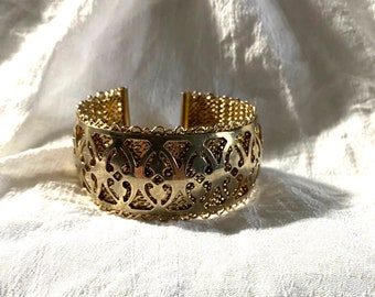 Vintage Volupte 1950's Cuff Bracelet Gold Mesh Silver Scrollwork