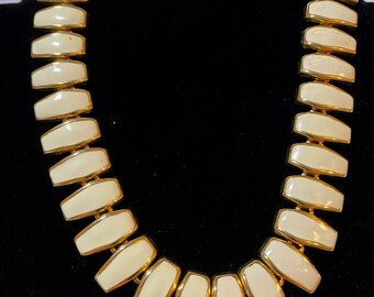 Vintage Gold Plated Necklace Cream Choker Enamel Geometric Links