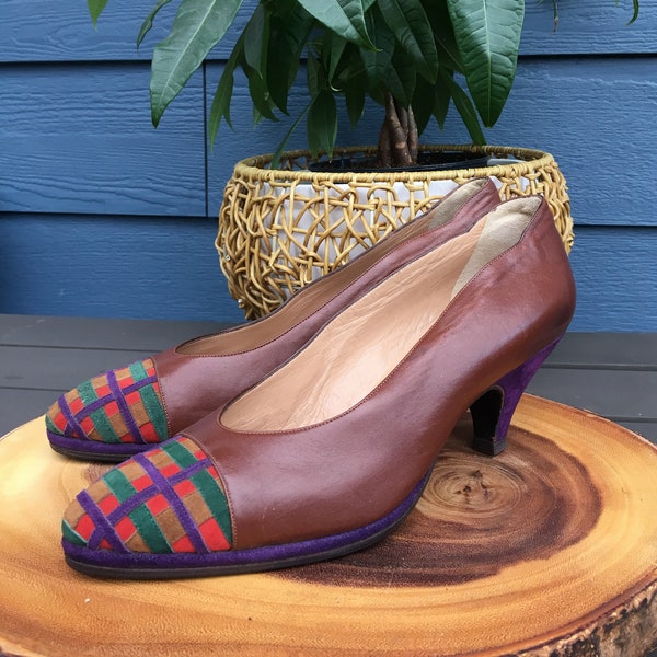 Vintage 1980s Maud Frizon Paris Brown Italian Leather Colourful Plaid Suede Detail Pumps