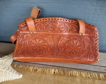 Vintage Tooled Leather Purse, Boho Leather Shoulder Bag, Floral Pattern Leather Purse, Soft Leather Purse