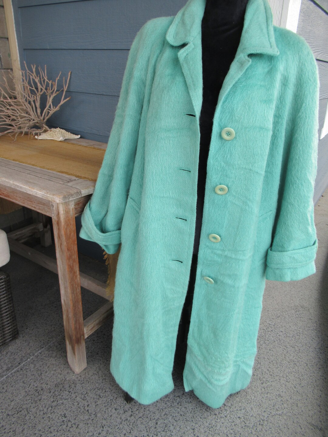 Vintage Mohair Long Coat, Turquoise Wool Coat, Long Winter Coat