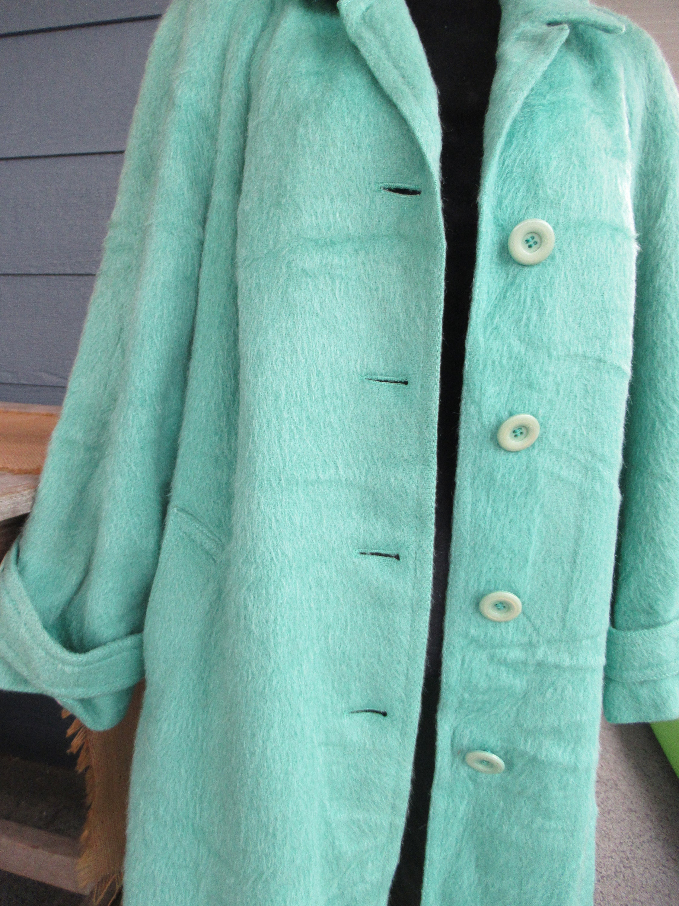 Vintage Mohair Long Coat, Turquoise Wool Coat, Long Winter Coat