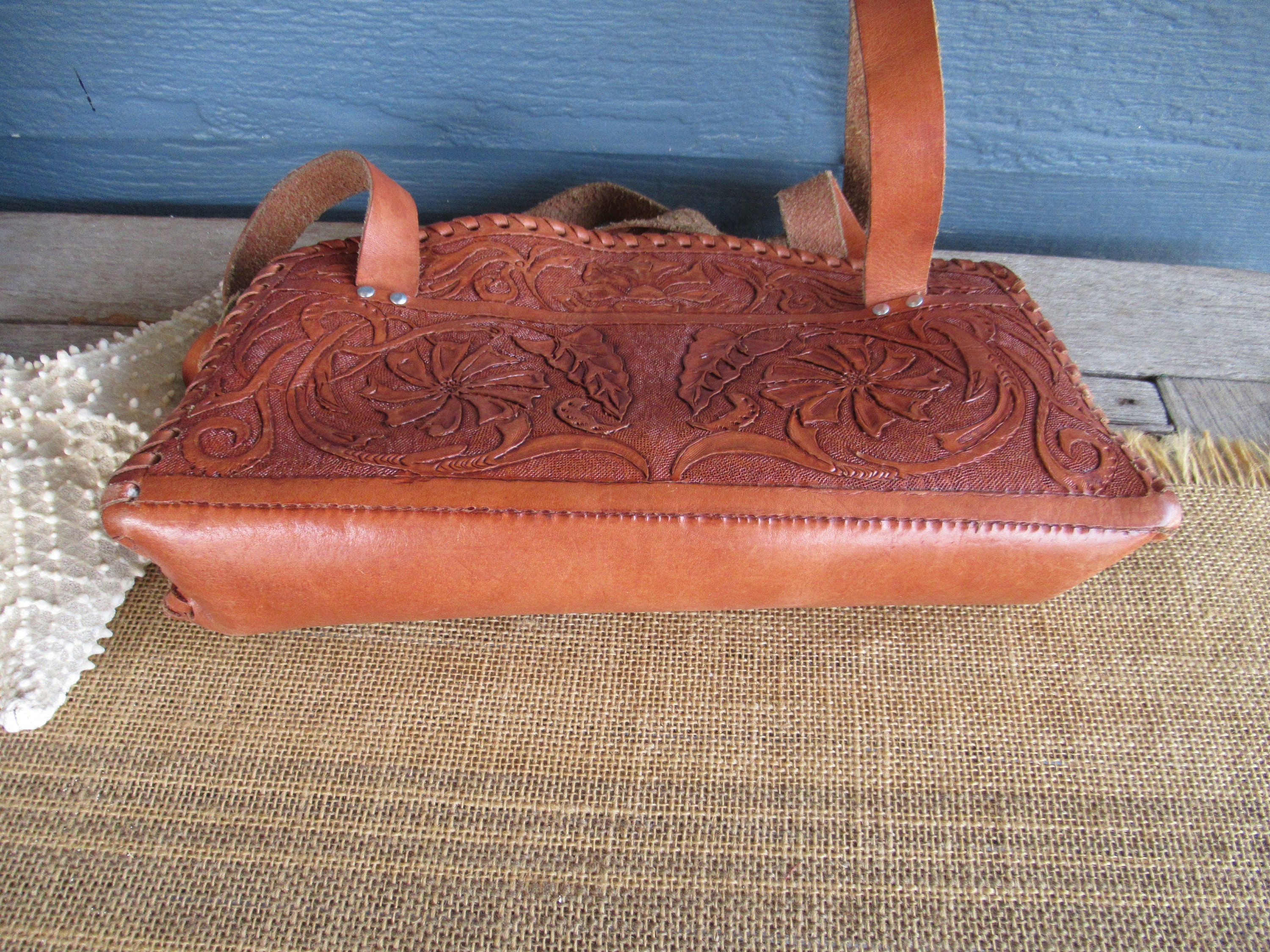 Vintage Tooled Leather Purse, Boho Leather Shoulder Bag, Floral Pattern