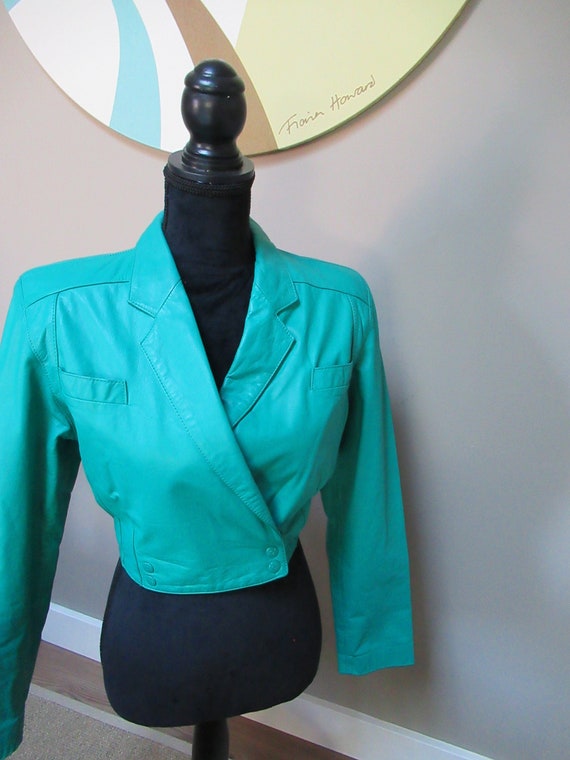 Vintage Turquoise Leather Crop Jacket, 90s Leather