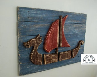 Vikings Ragnar Inspired Unique Wood Ship Nautical Picture Sail Boat Wood Ship Wall Art Hanpainted on Reclaimed Wood