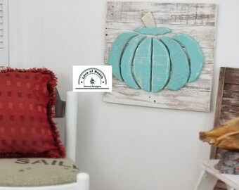 Teal Pumpkin Wood Pumpkin Halloween Decor Blue Beach Pumpkin Blue Distressed Pumpkin Rustic art Farmhouse Picture Fall Decor