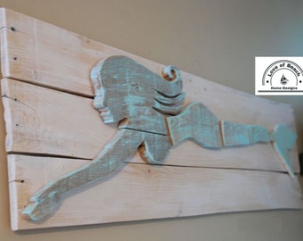 Wood Mermaid Swimming Wall Art Picture Mermaid Sign Girl Birthday Girl Bedroom Decor