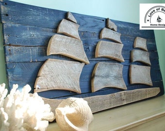 Large Unique Wood Ship Sailboat Nautical Picture Sail Boat Wood Ship Wall Art Sailboat Art Beach Sign