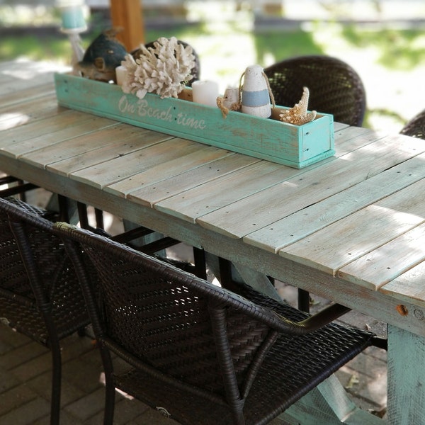 On Beach Time Coastal Long Wood Box For Table, Coastal Centerpiece,Rustic Box,Beach Wedding Centerpiece Box, Farm Table