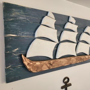 Large Unique Wood Ship Sailboat Nautical Picture Sail Boat Wood Ship Wall Art Sailboat Art Beach Sign