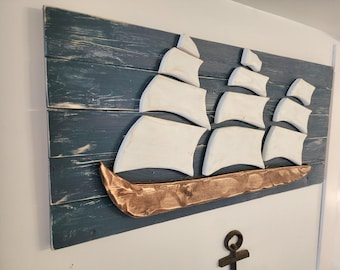 Gran cuadro náutico de velero de madera único, arte de pared de velero de madera, letrero de playa con arte de velero