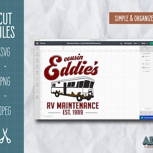 May include: A red and white graphic design with the text "cousin Eddie's RV Maintenance Est. 1989" and a cartoon image of a brown and white RV with mud splatters.