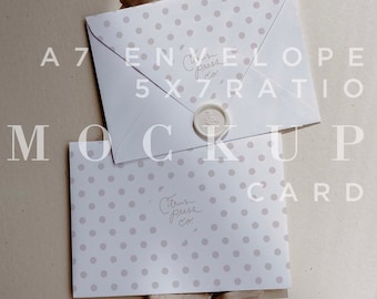 May include: A white envelope with a polka dot pattern and the text "Citrus Press Co."  The envelope is laying on top of a white card with the same polka dot pattern and the text "Citrus Press Co."  The envelope is a 5x7 ratio and is an A7 envelope.  The text "MOCKUP CARD" is written below the card.