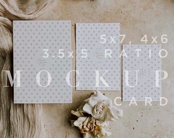 May include: Three white cards with a light gray polka dot pattern. The cards are arranged in a row on a beige textured surface. The cards are labeled with the text "5x7, 4x6 Ratio Mock Up Card".