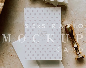 May include: A white card with a light purple polka dot pattern. The card is laying on a beige surface with a white envelope and a gold wax seal. The text on the card reads "3.5x5 Ratio Mockup Card 3.5x5 Citrus Press Co."