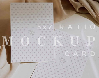 May include: Two white cards with a light purple polka dot pattern. The cards are 5x7 inches and have the text "Citrus Press Co." and "5x7" written on them. The text "5x7 Ratio Mockup Card" is written in black on a white background.