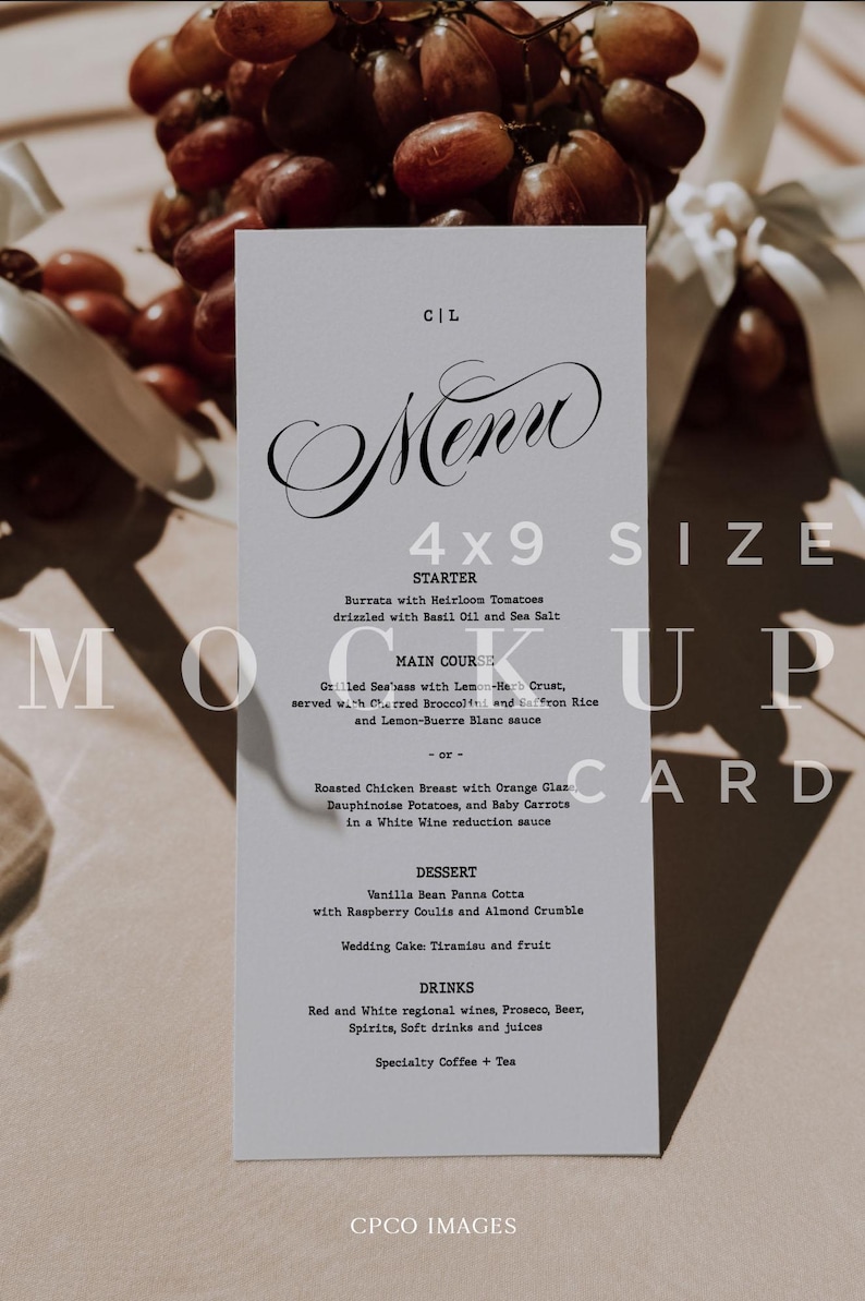 May include: A menu mockup card with a white background, featuring elegant script text that reads "Menu" and "4x9 SIZE." The menu lists starter, main course, dessert, and drink options. A bunch of grapes is in the background.