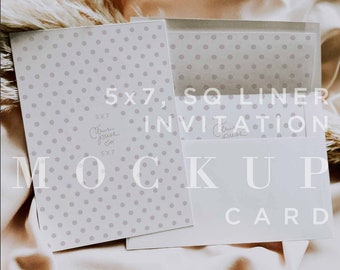 May include: A mock-up of a 5x7 invitation card set. The set includes a card with a polka dot pattern, an envelope, and a liner. The text "5x7 SQ LINER INVITATION MOCKUP CARD" is overlaid on the image.