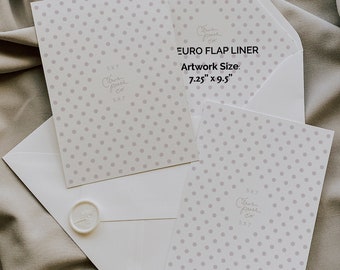 May include: Two white envelopes with a polka dot pattern and the text "Citrus Press Co." printed on them. The envelopes are on a beige fabric background. The larger envelope has the text "EURO FLAP LINER" and "Artwork Size: 7.25" x 9.5" printed on it.
