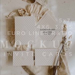 May include: A flat lay mockup of invitation cards and envelopes in a neutral colour scheme. The cards and envelopes are white with a subtle polka dot pattern. The text on the envelope reads "A7 Euro Flap Liner, Artwork Size 7.25" x 9.5".