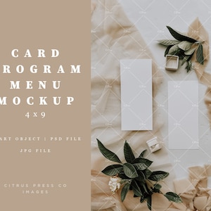 Maquete de cartão de menu, cartão de menu, cartão em branco 4x9, maquete de casamento, maquete de papelaria de programa, maquete de cartão, download, objeto inteligente, PSD 003