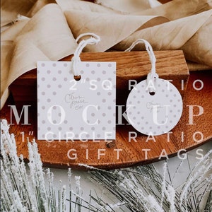 Mockup de etiqueta de regalo de vacaciones, etiqueta de regalo cuadrada, etiqueta de regalo de círculo, descarga digital, objeto inteligente, maqueta de papelería, mock, Mock Up, imagen de stock