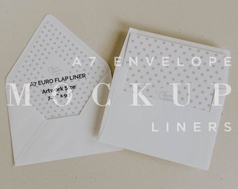 May include: A white envelope with a gray polka dot liner. The liner has the text "A7 Euro Flap Liner" and "Artwork Size: 7.25" x 9.5" printed on it. The envelope is labeled "A7 Envelope Liners" and "CPCO Images".