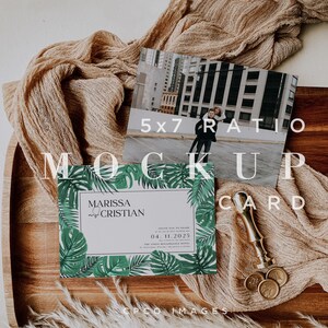 May include: A tropical-themed wedding invitation with green palm leaves and the text "MARISSA & CRISTIAN" and "INVITE YOU TO SHARE IN OUR WEDDING DAY" with the date "04.11.2025" and the location "THE VINDY RENAISSANCE HOTEL".