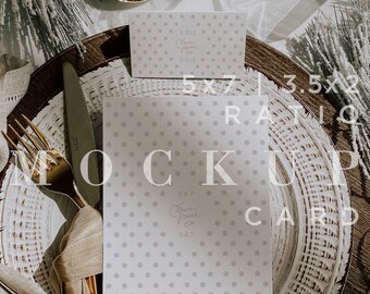 May include: A mock-up card with a polka dot pattern, displayed on a rustic wooden charger with gold cutlery and a linen napkin. The card is labeled "5x7" and "3.5x2" with the text "Mock Up Card".