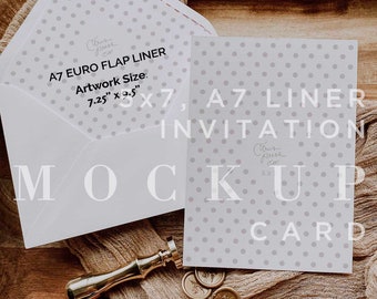 May include: A mockup of a white A7 envelope liner with a gray polka dot pattern and the text "A7 EURO FLAP LINER Artwork Size: 7.25" x 9.5"  "  and a white A7 invitation card with a gray polka dot pattern and the text "A7 LINER INVITATION". The envelope liner and invitation card are on a wooden tray with a beige fabric and gold wax seals.