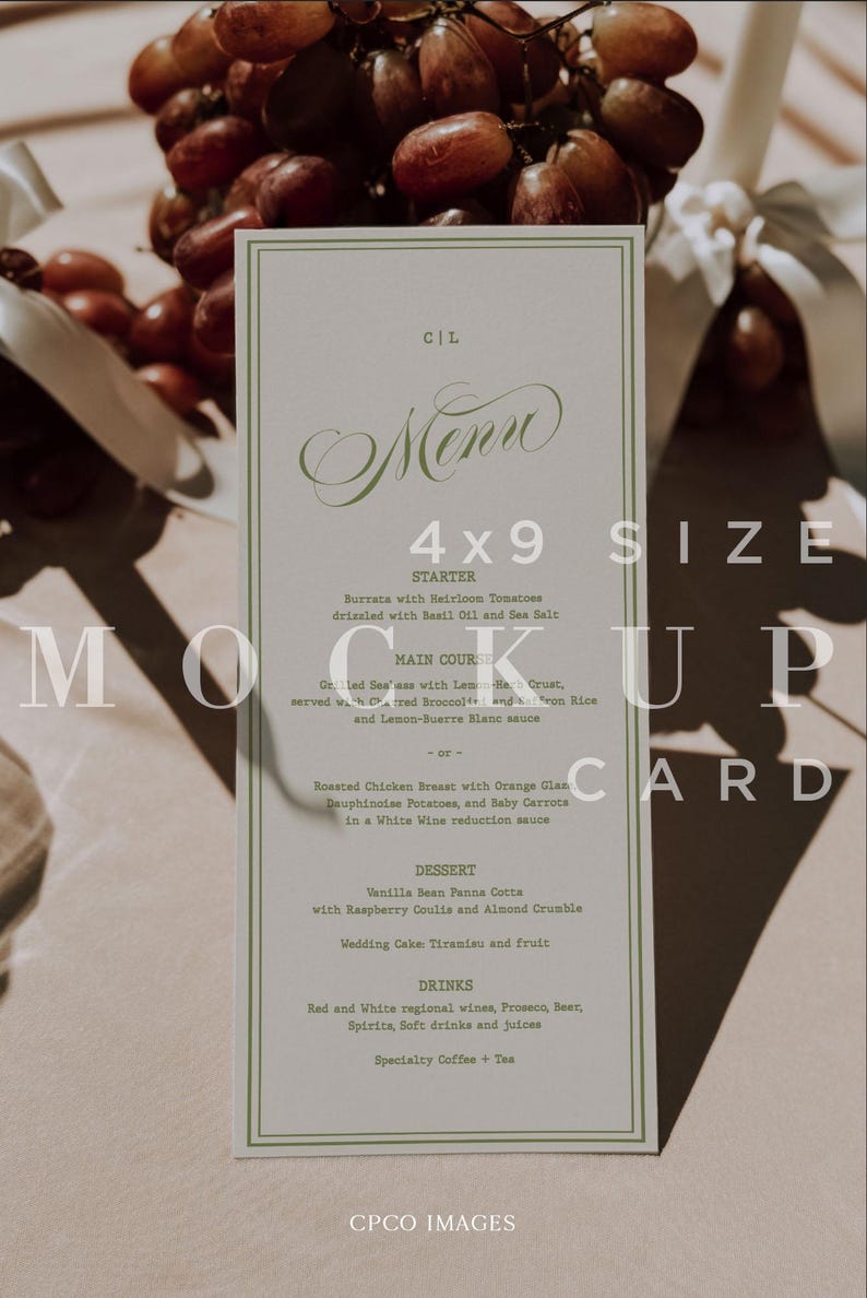 May include: A mock-up menu card with a light green border, featuring the word "Menu" in elegant script. The card lists a starter, main course, dessert, and drinks. The card is 4x9 inches in size.