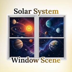May include: A window decal featuring a space theme with the text Solar System Window Scene. The design displays a vibrant sun, various planets with rings, and a detailed Earth against a deep purple and blue nebula background with stars.