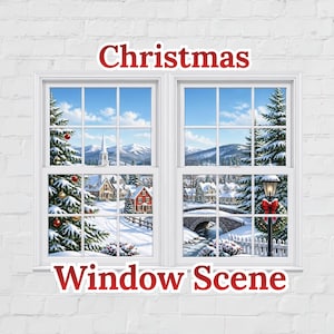 May include: A wall decal featuring a double window frame showing a snowy winter village scene with pine trees, a church, a stone bridge, and a lamp post. The text "Christmas" appears above the window and "Window Scene" appears below it.